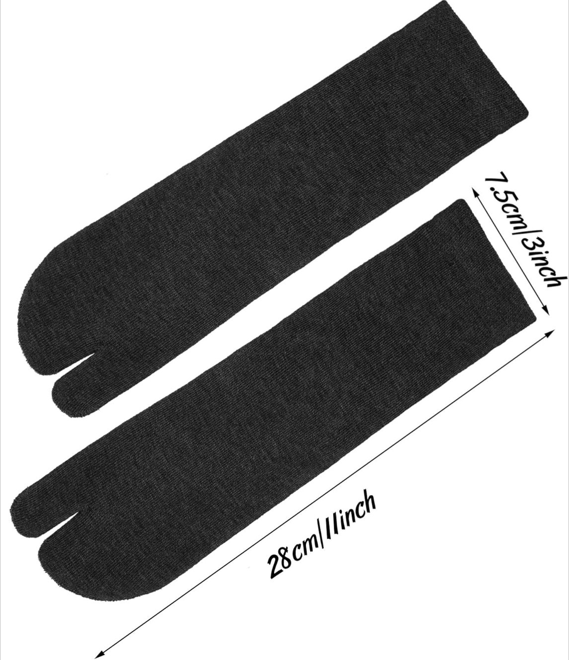 Pair of black flip flop socks with Japanese tabi design featuring a split toe, measuring 28cm (11 inches) long by 7.5cm (3 inches) wide.