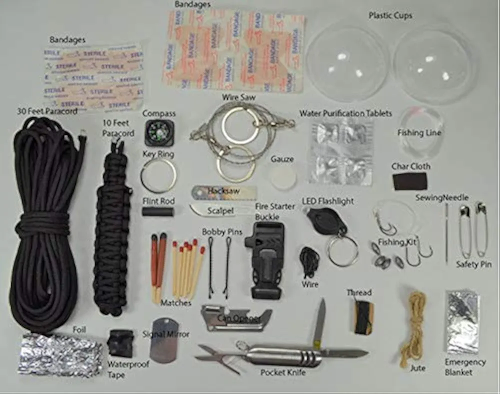 A comprehensive survival kit organized in a grenade-shaped container, displaying 30 feet of black paracord along with essential gear including bandages, water purification tablets, fishing line, fire starter, knife, compass, wire saw, flashlight, matches, and other emergency supplies neatly arranged for outdoor or emergency preparedness.