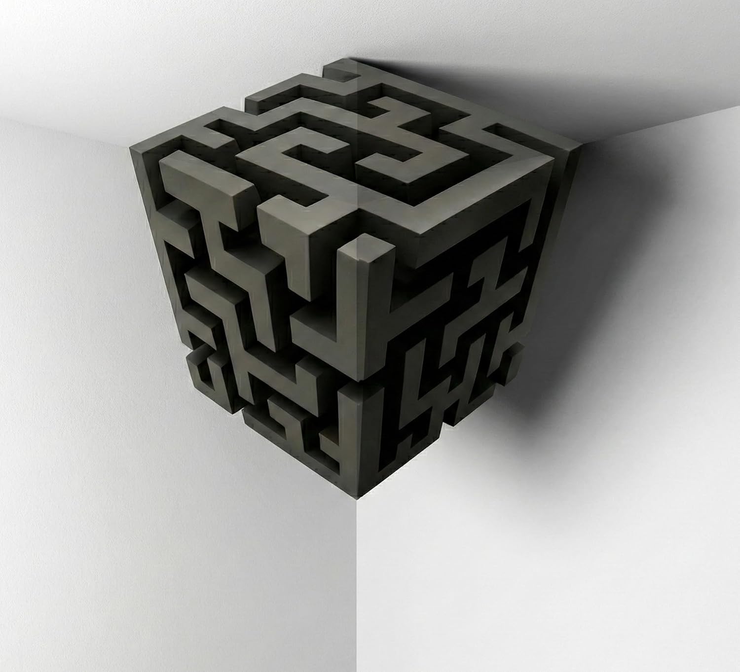 A 3D rendered gray geometric wall corner illusion decal featuring interlocking rectangular patterns that create an optical illusion of depth and dimension when applied to a corner.