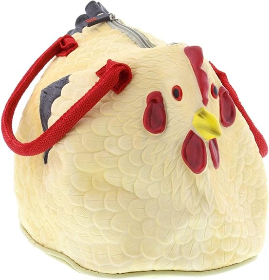A cream-colored textured rubber chicken-shaped purse with red and burgundy wing and facial details, featuring a yellow beak, red cord handles, and a zippered top closure with gray accent.