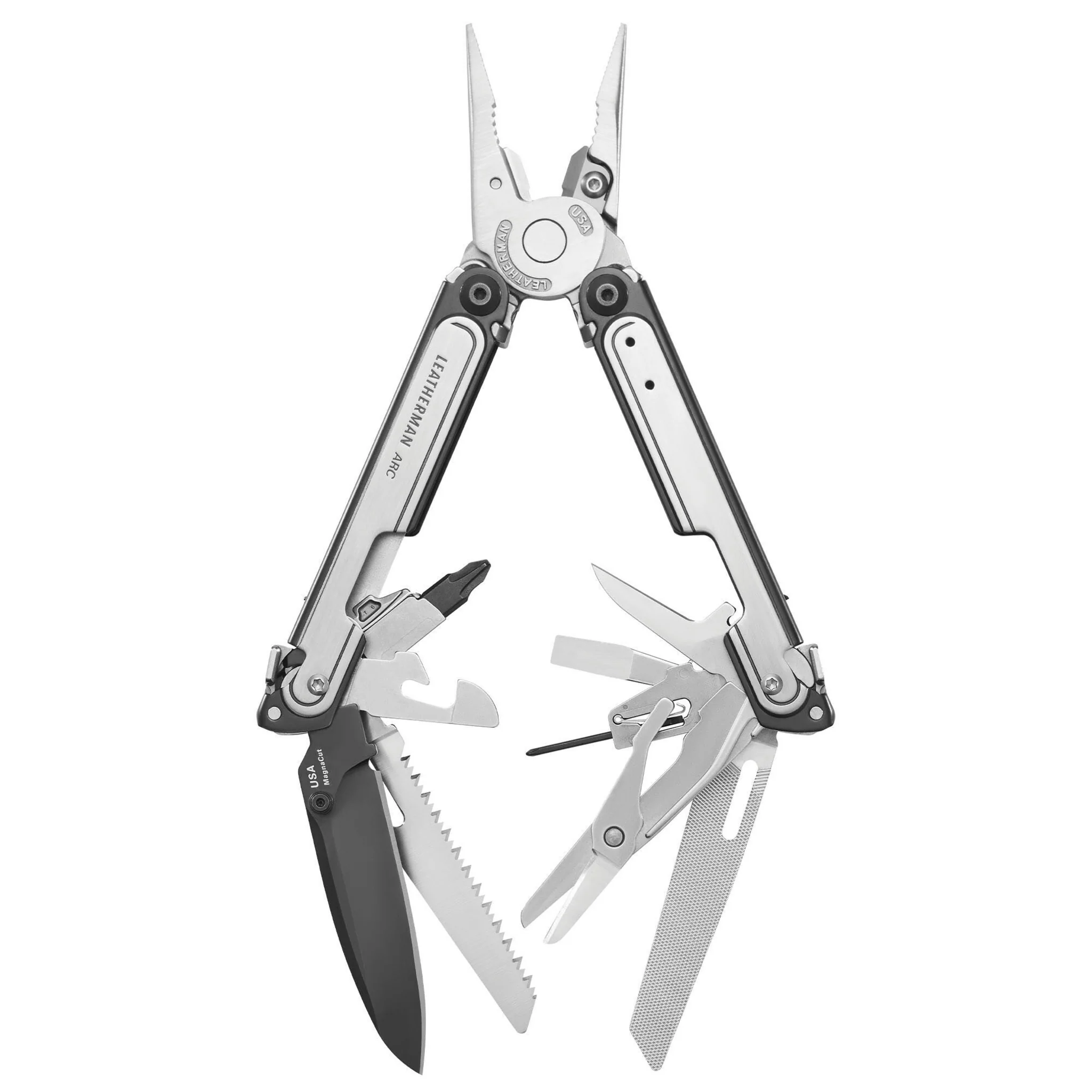 Leatherman ARC multi-tool displayed fully open showing dual pliers, scissors, and multiple folding blades and tools with black and silver handles designed for one-handed operation.