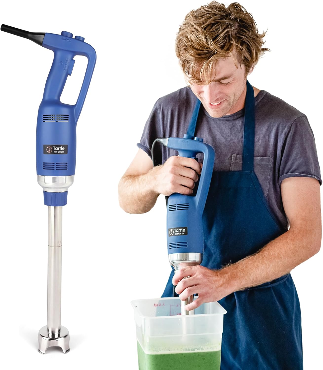 A blue and stainless steel immersion blender by Tartile Kitchen shown both as a standalone product shot and being used by a chef to blend green liquid in a large container.