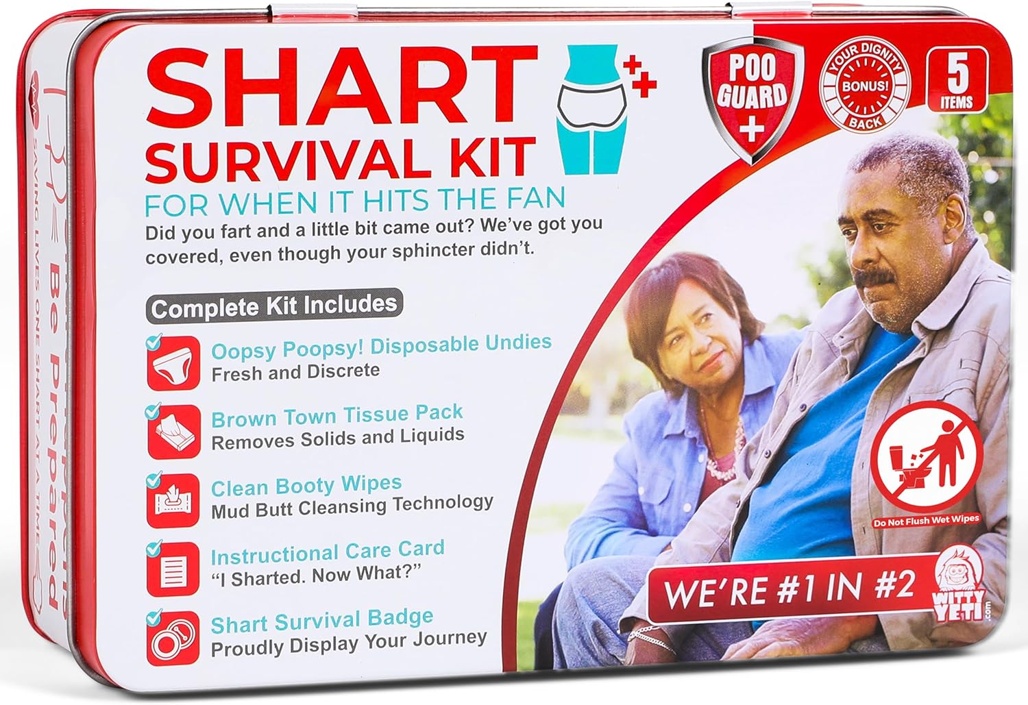 A red and white tin box labeled "Shart Survival Kit" containing five items including disposable undies, tissue pack, cleaning wipes, instructional card, and a badge. The packaging features two adults outdoors and emphasizes the kit's humorous purpose for handling accidental bowel incidents.