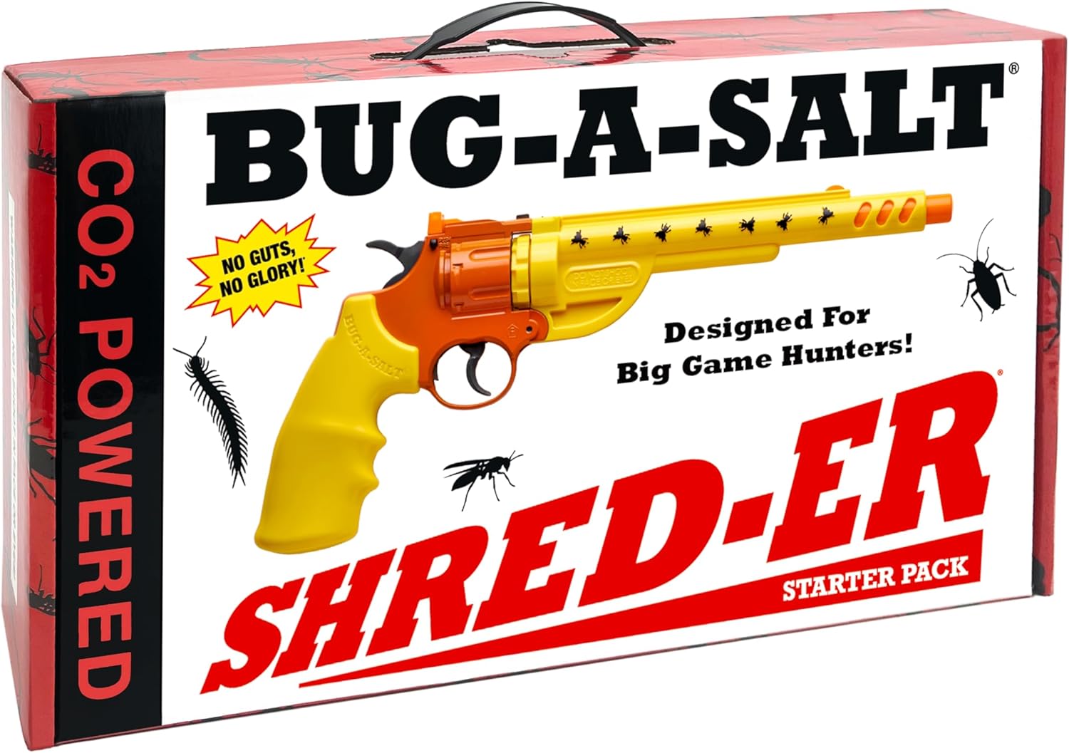 Bug-A-Salt CO2 Shredder Starter Pack featuring a yellow and orange toy gun designed to shoot salt at insects, displayed in red and white packaging labeled "No Guts, No Glory" and "Designed For Big Game Hunters."
