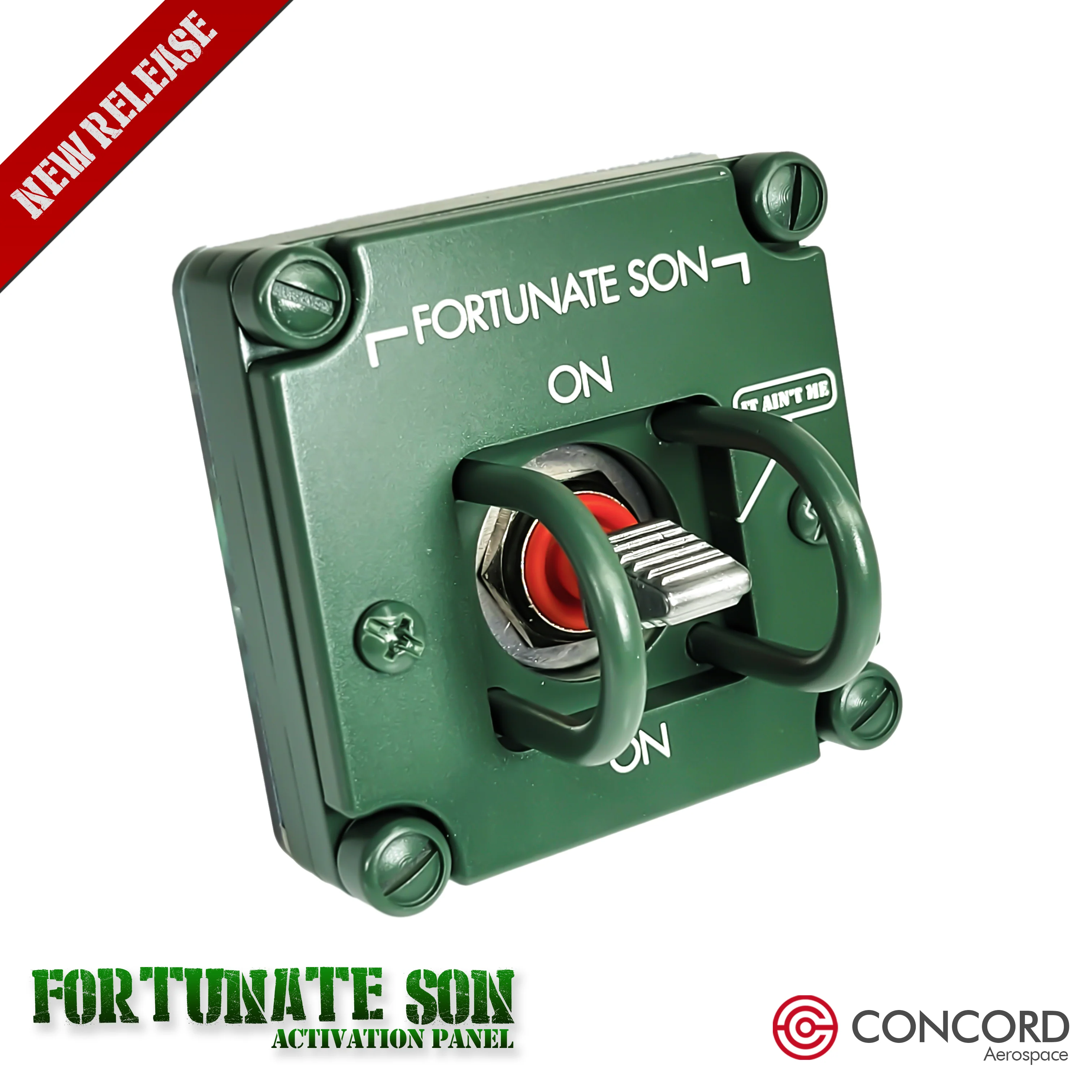 Green metal activation panel labeled "Fortunate Son-7" featuring a red-centered switch mechanism with protective housing and four corner mounting points, marked as a "New Release" by Concord Aerospace.