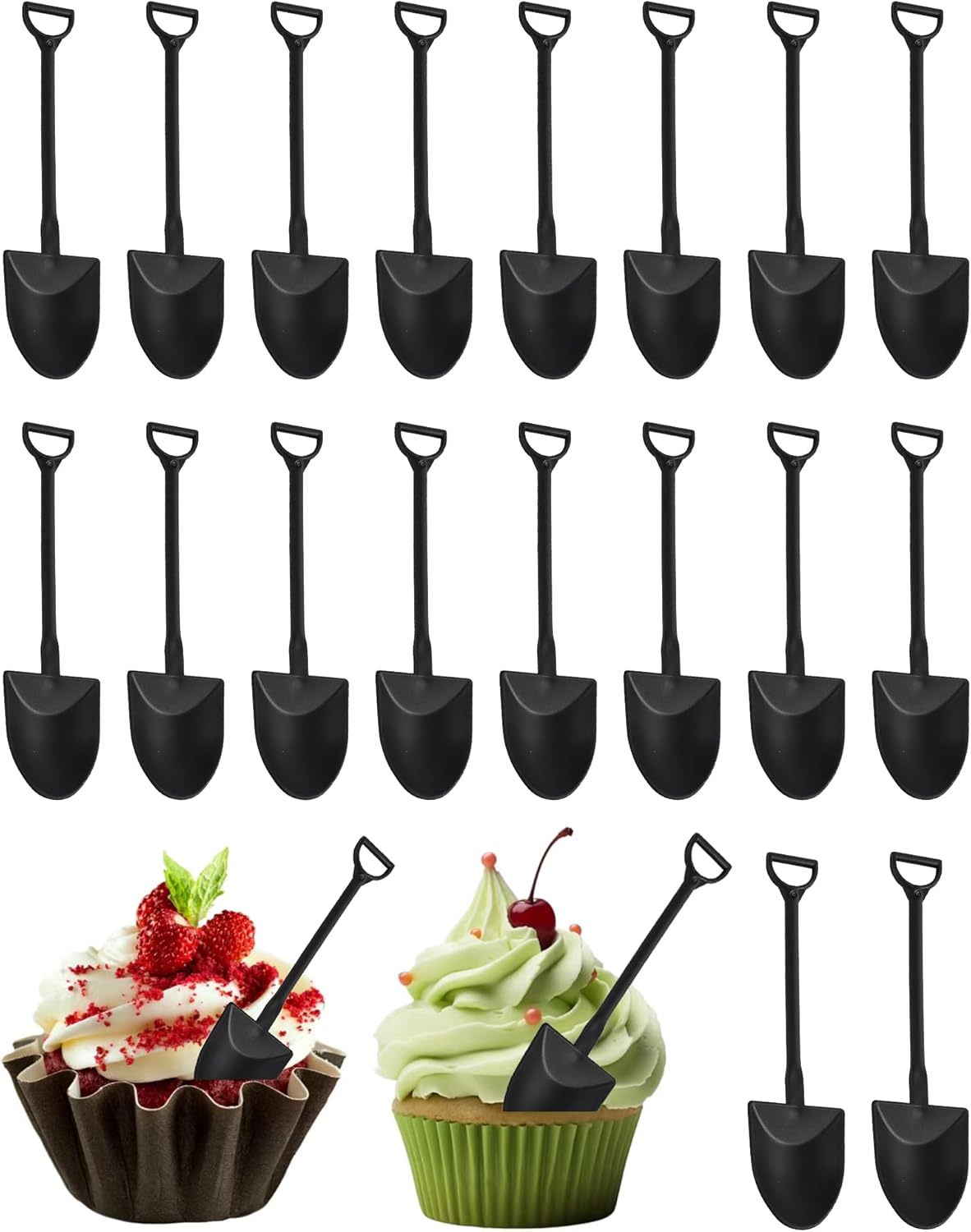 for Dessert Shovels Product Image

A set of 16 black miniature shovels with D-shaped handles displayed above two decorated cupcakes featuring shovel toppers, perfect for dessert and cake decoration.