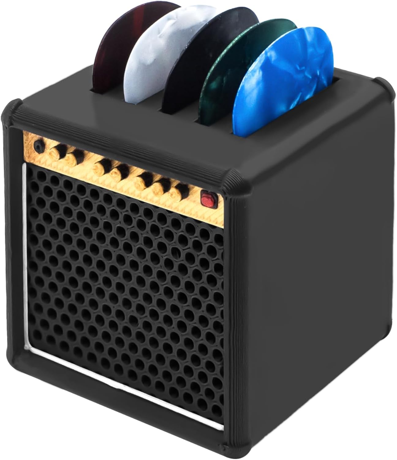 A compact black amplifier-shaped storage organizer with a perforated speaker grille front, gold trim, and five colored guitar pick slots (burgundy, white, black, teal, and blue) mounted on top.