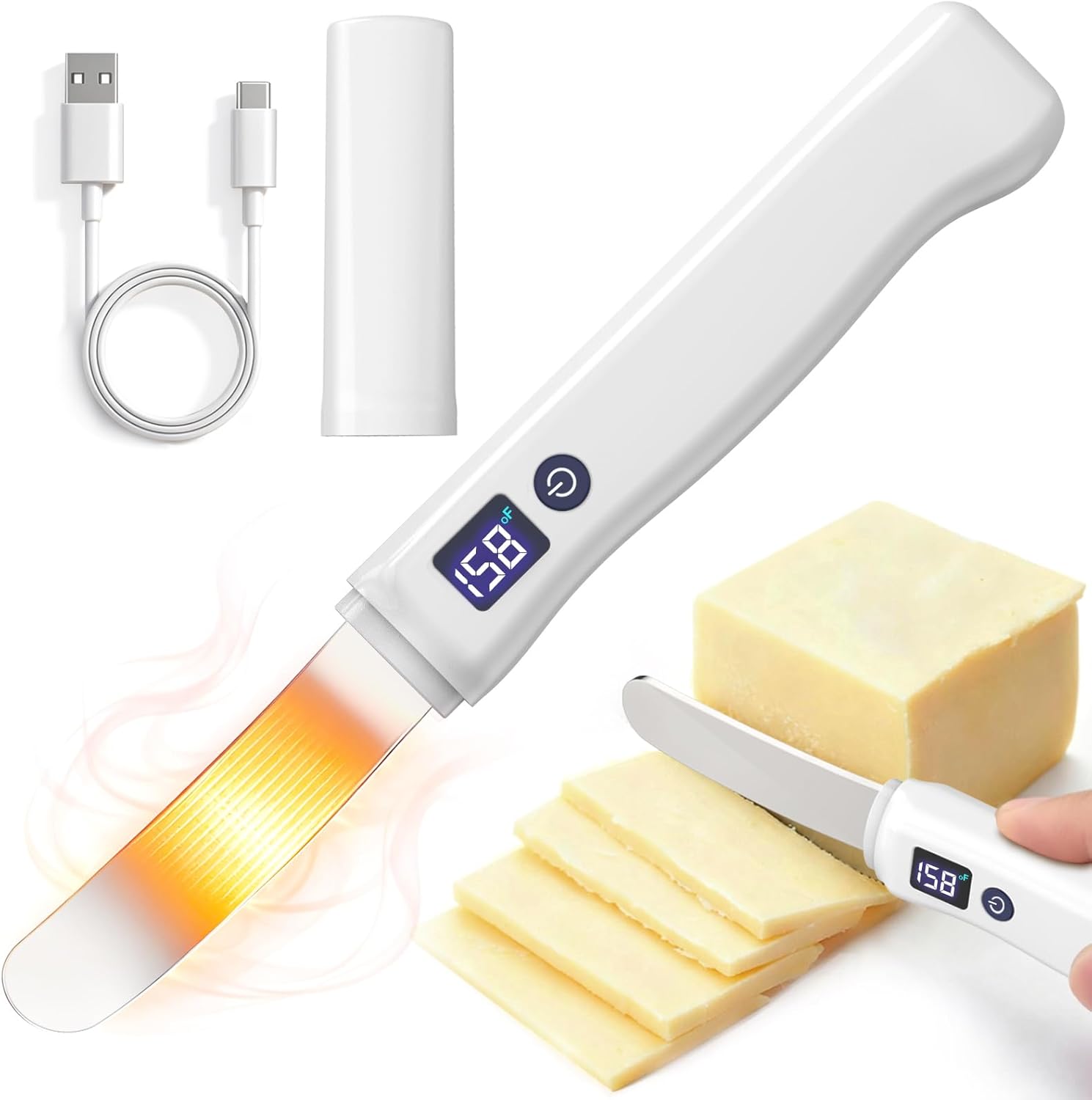 A white handheld electric butter knife with a digital temperature display (showing 158°F) and illuminated heating element, shown spreading softened butter on slices. Includes a USB-C charging cable, protective cap, and charging dock.