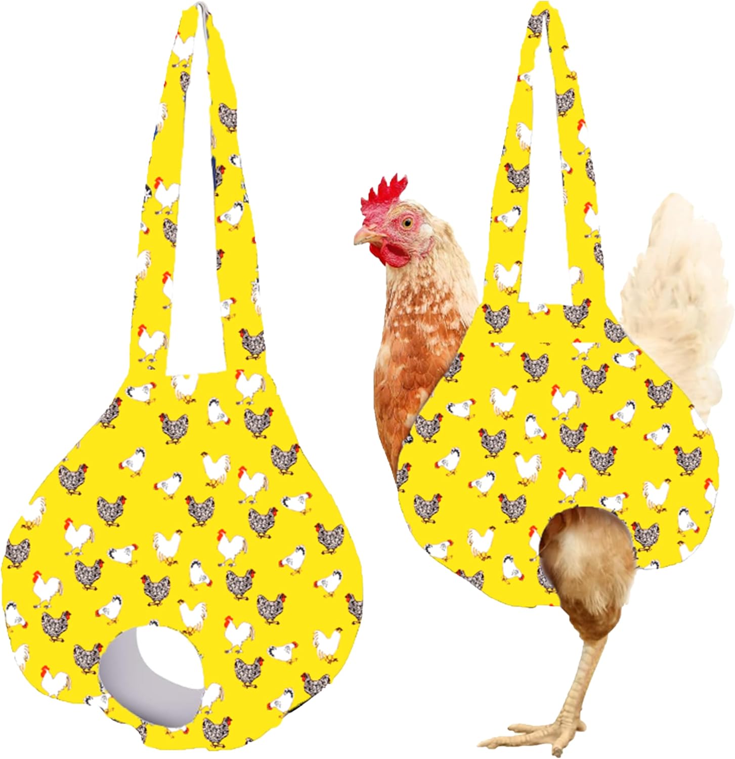 Bright yellow fabric sling bag with a playful chicken print pattern featuring white and brown hens, designed to safely carry chickens with reinforced handles and openings for the bird's head and legs.