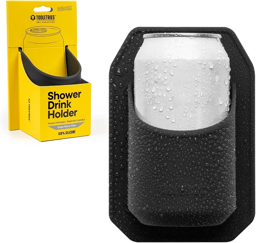 Tooletries Shower Drink Holder: A black silicone suction cup holder displayed in packaging (left) and mounted on a wet shower wall holding a condensation-covered beverage can (right).