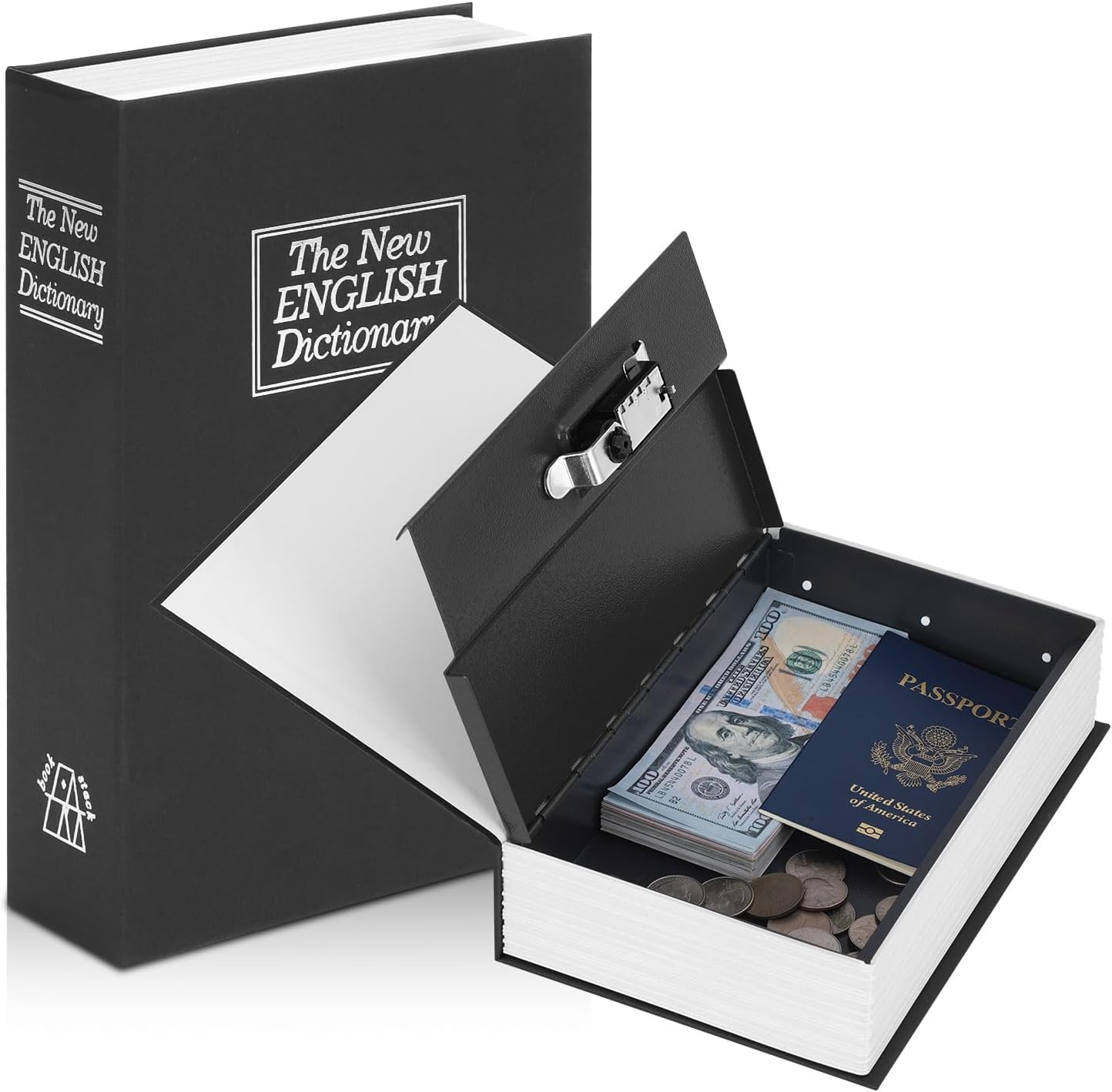 A hollowed-out book designed to look like "The New English Dictionary" with a black and white cover, featuring a concealed safe compartment inside that contains cash, a passport, coins, and other valuables secured by a lock mechanism.