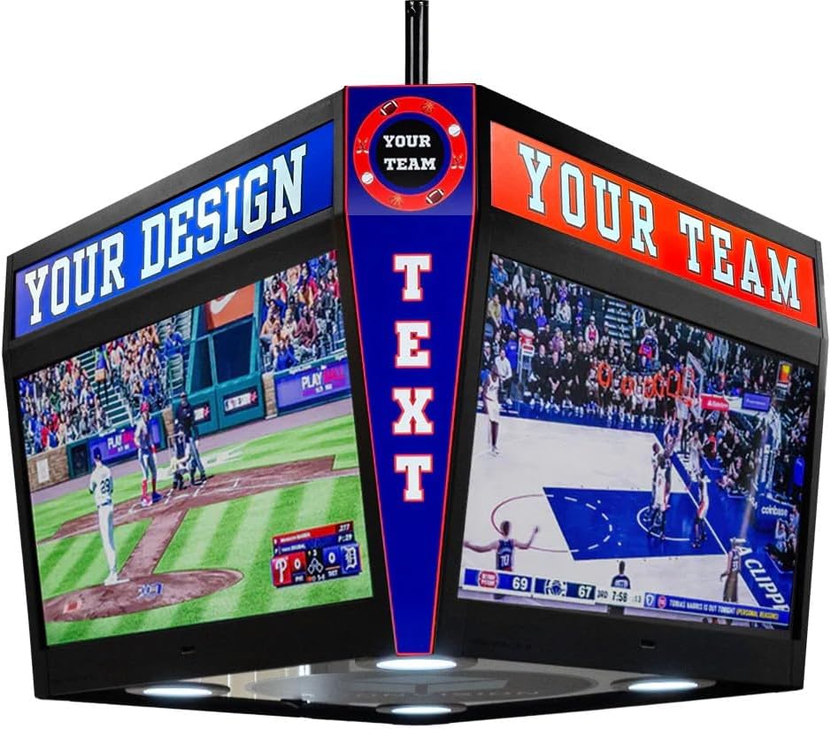 Mini JumboTron Sports Display

A customizable three-panel LED scoreboard featuring dual side screens displaying baseball and basketball games, with a central vertical "TEXT" panel and overhead team logo display, designed for basement or man cave installation.