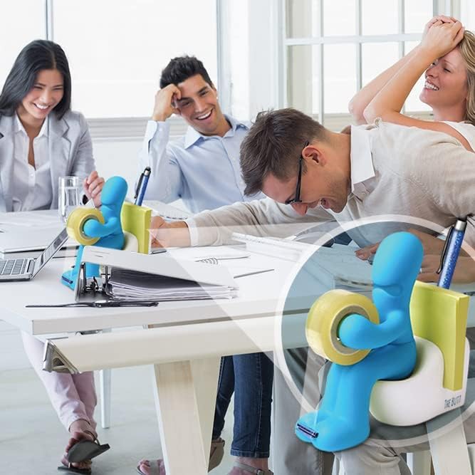 for Butt Tape DispenserA blue and yellow desk tape dispenser with a playful buttocks shape, shown in use at an office desk surrounded by smiling colleagues and work materials.