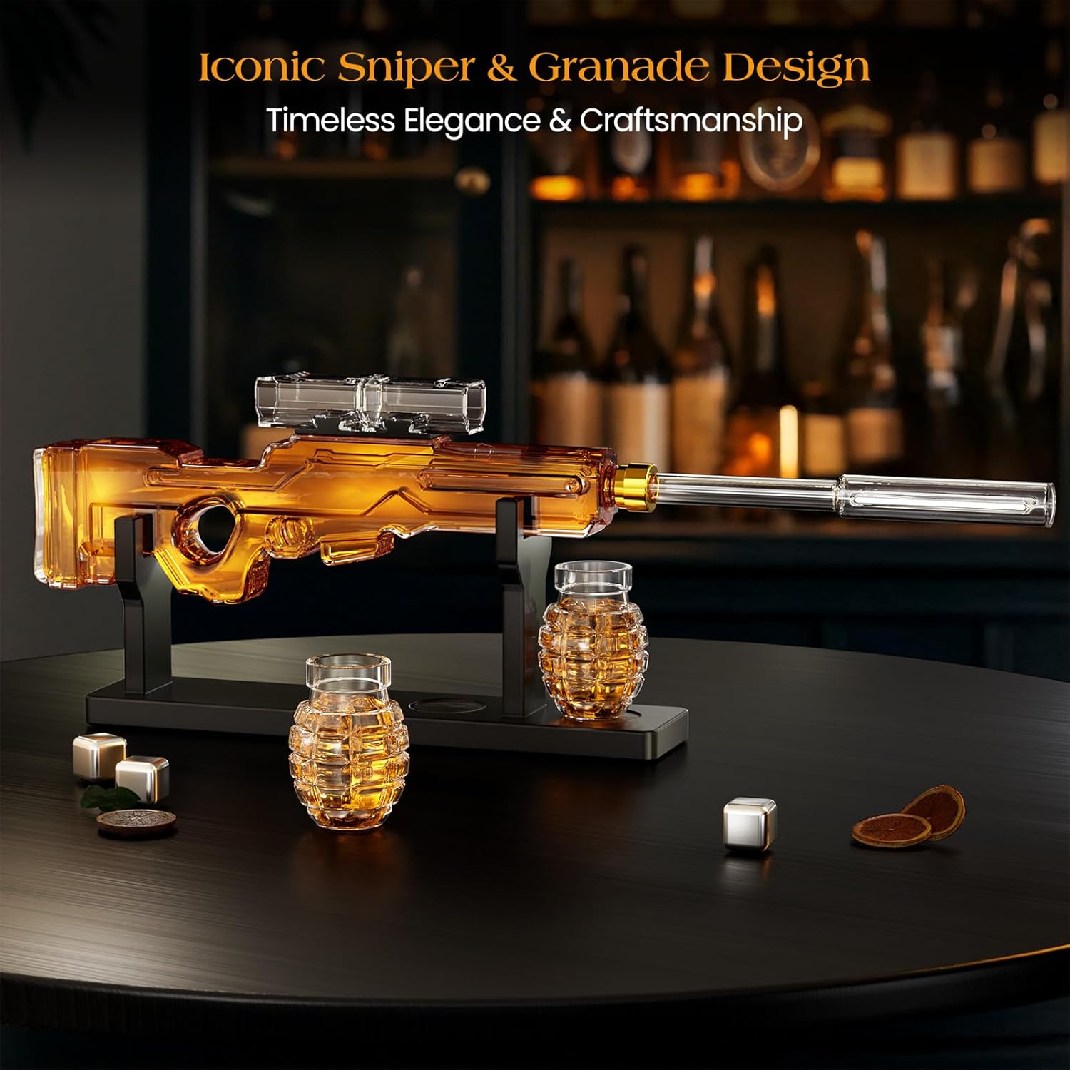 An elegant amber glass decanter shaped like a sniper rifle with a scope, mounted on a black stand alongside two matching grenade-shaped whiskey glasses and decorative accessories.