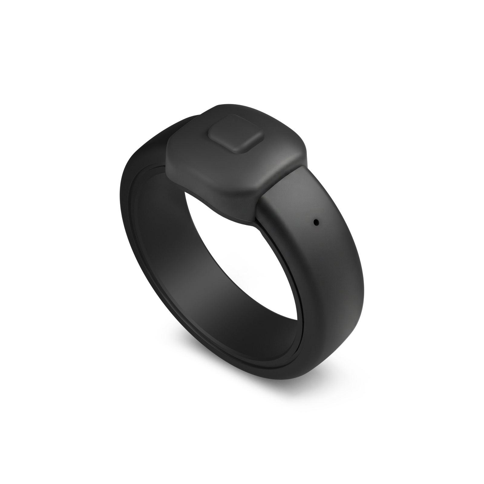 A sleek black smart ring with a rounded band and a small rectangular sensor pad on the top, designed for voice transcription and wireless communication with mobile devices.