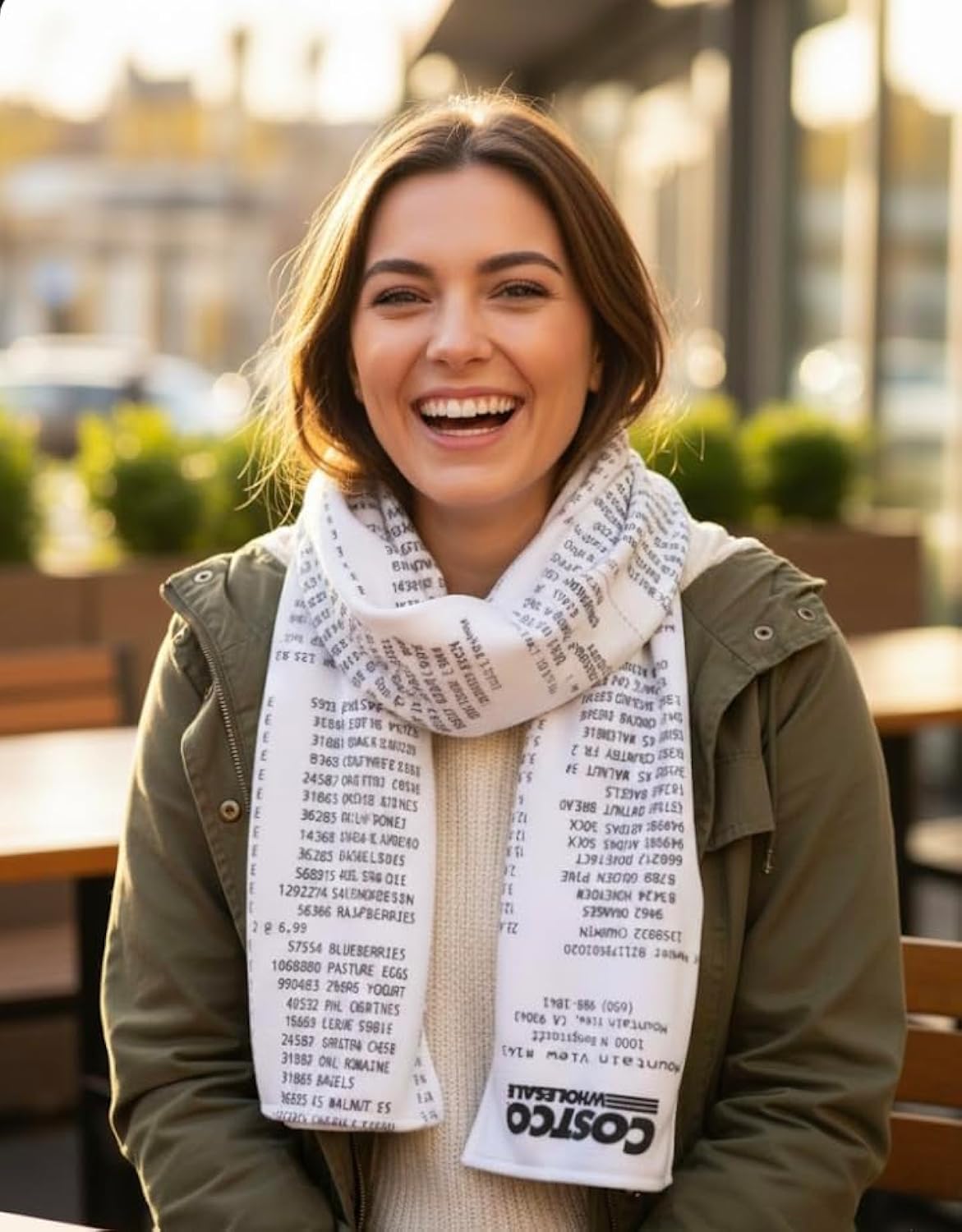 A white infinity scarf printed with a full Costco receipt design, featuring itemized products, prices, and the Costco Wholesale logo, worn as a fashion accessory over a casual olive jacket and beige sweater.