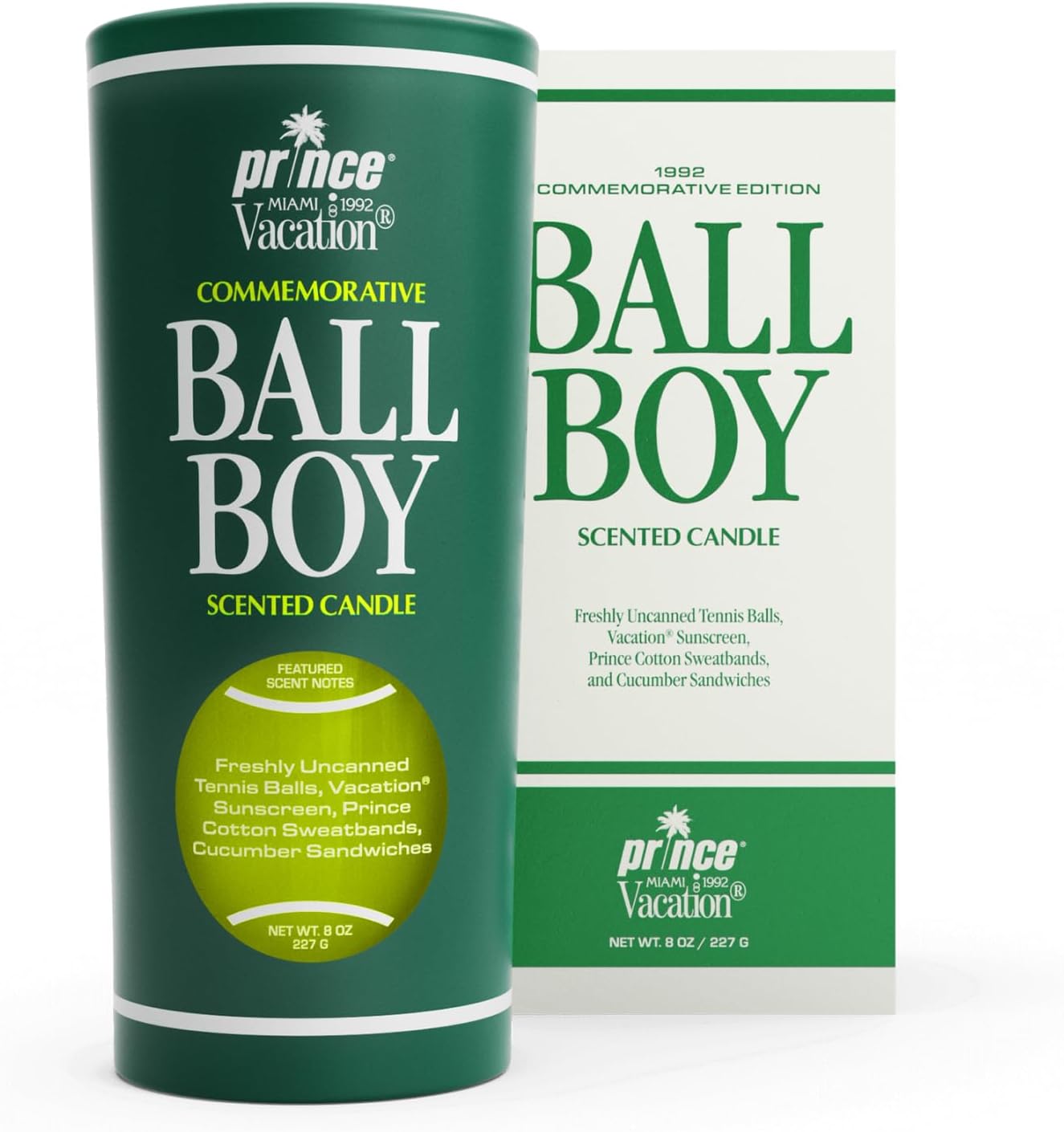 Prince Vacation 1992 Commemorative Ball Boy Scented Candle, an 8 oz cylindrical green candle with tennis ball design, displayed next to its cream-colored box packaging featuring scent notes of uncanned tennis balls, sunscreen, cotton sweatbands, and cucumber sandwiches.