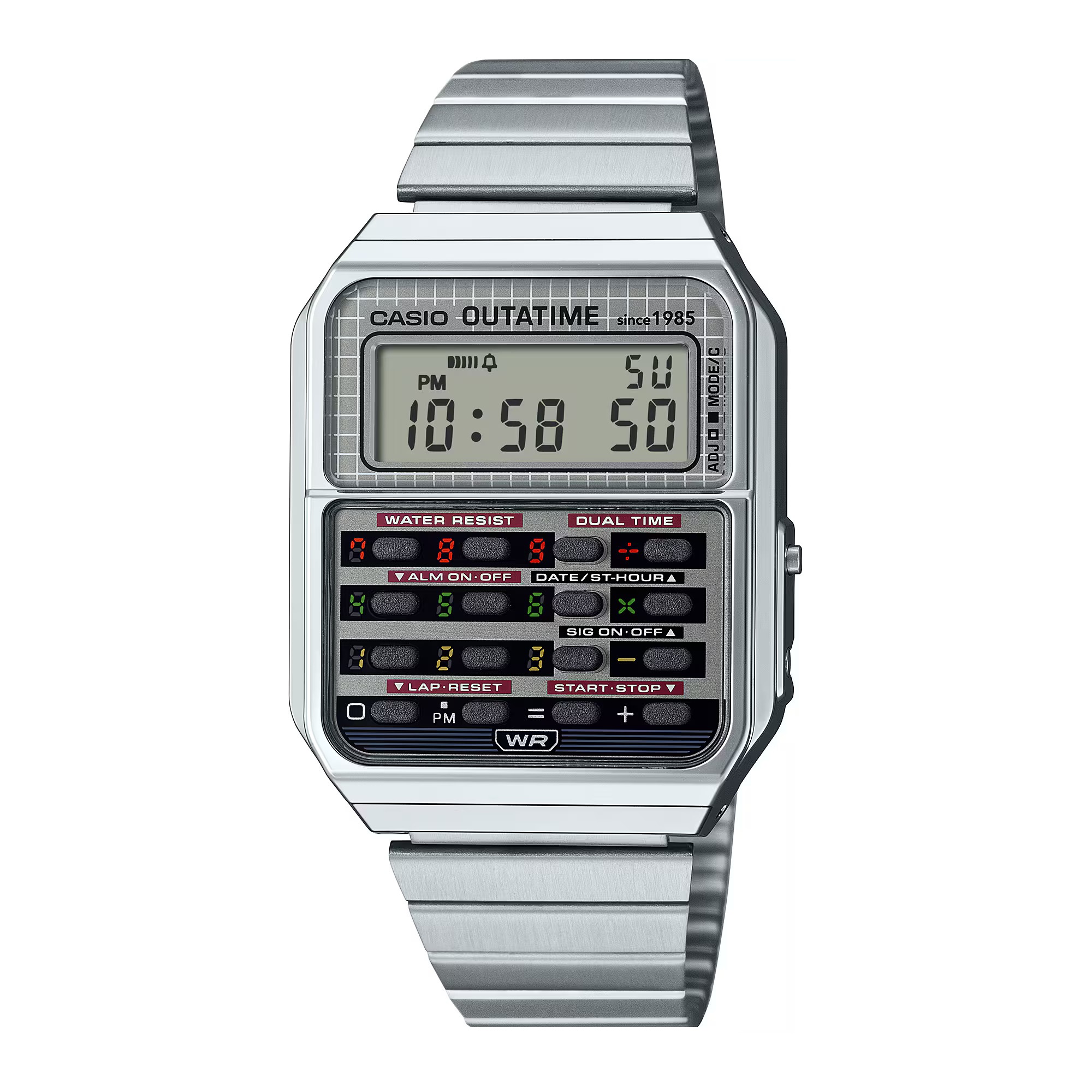 A Casio Outaizer digital watch with a silver metal band and square face displaying the time 10:58:50 PM. The watch features a grid-patterned LCD screen and multiple colored buttons labeled with functions like alarm, dual time, date, stopwatch, and lap/reset, with water resistance capability.