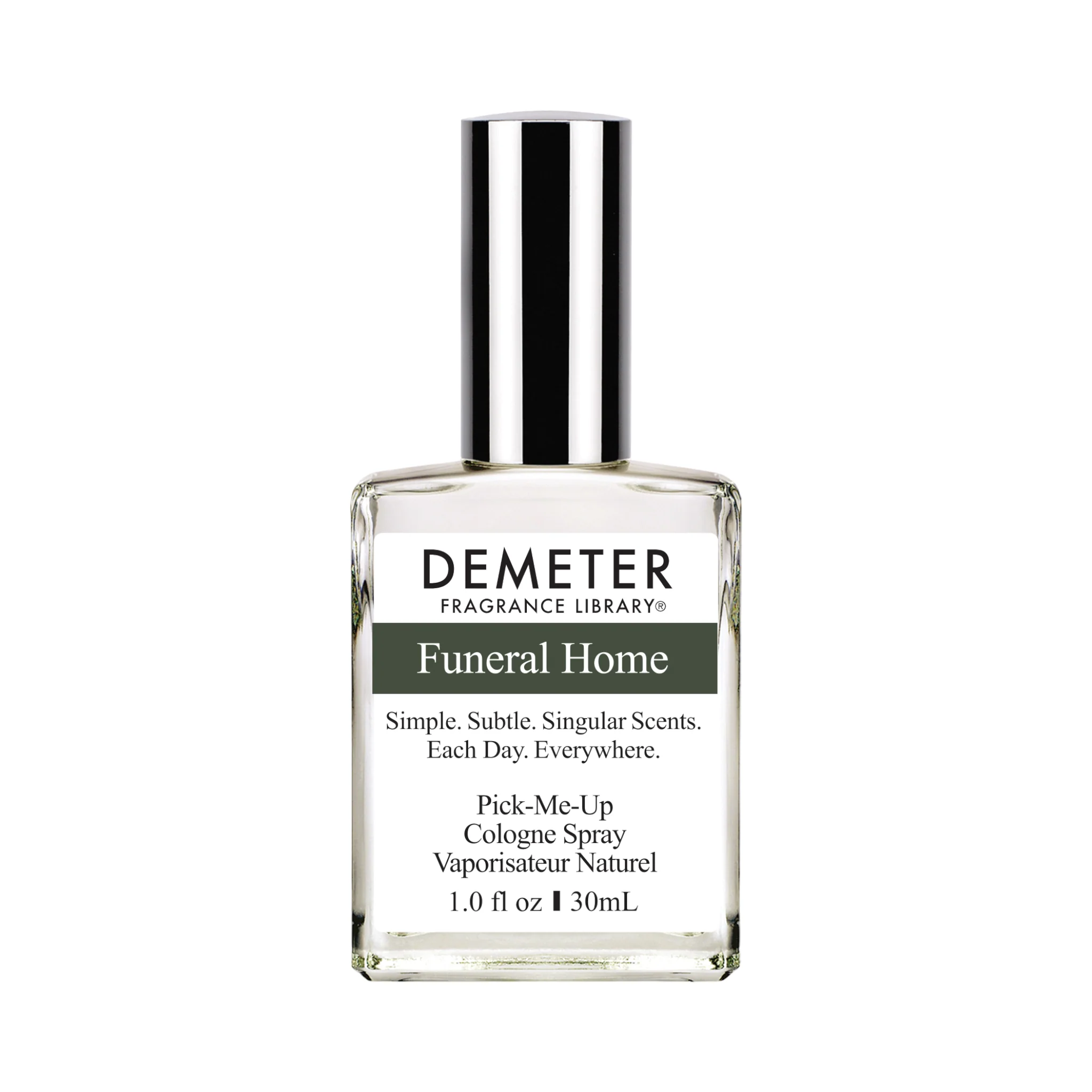 Demeter Fragrance Library's Funeral Home Pick-Me-Up Cologne Spray in a clear 1.0 fl oz glass bottle with a black and silver striped cap, featuring a white label with green accent band.