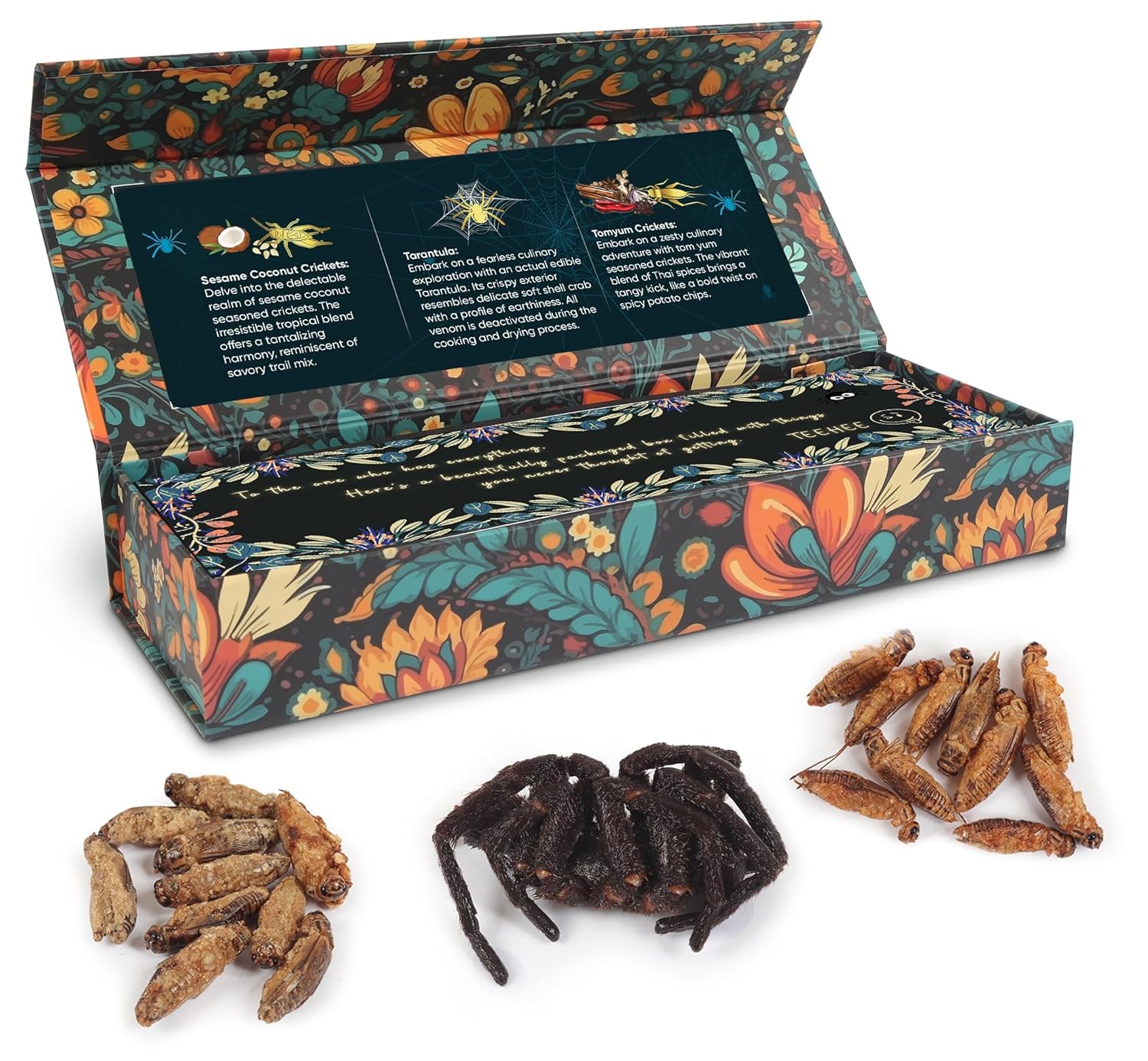 An ornate box with colorful floral patterns contains edible insects including crickets, a tarantula, and worms, displayed with educational cards describing each delicacy as exotic culinary ingredients.