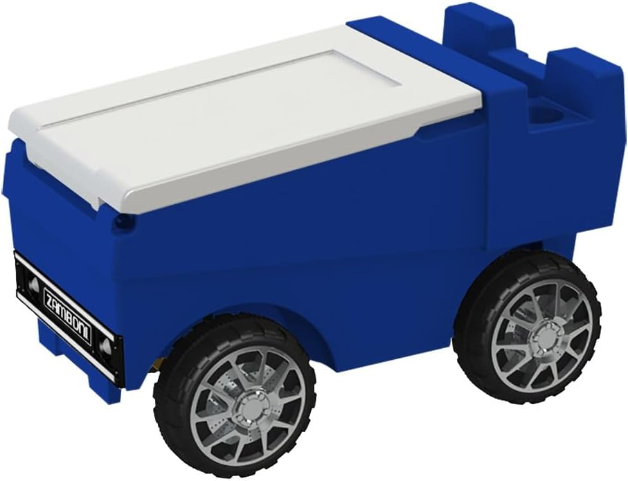 A blue wheeled cooler truck with a white lid designed to resemble a miniature vehicle, featuring black tires with silver rims and a black license plate panel on the front.