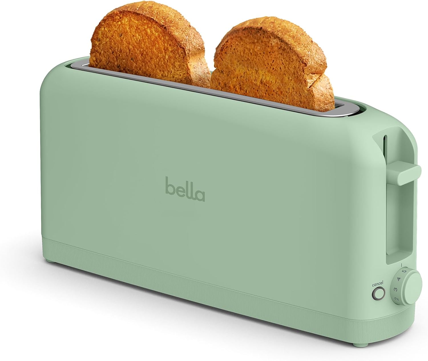 A cream-colored Bella Skinny Toaster with two slices of golden-brown cinnamon toast popping up from the top slots, featuring a sleek, compact design and control buttons on the right side.