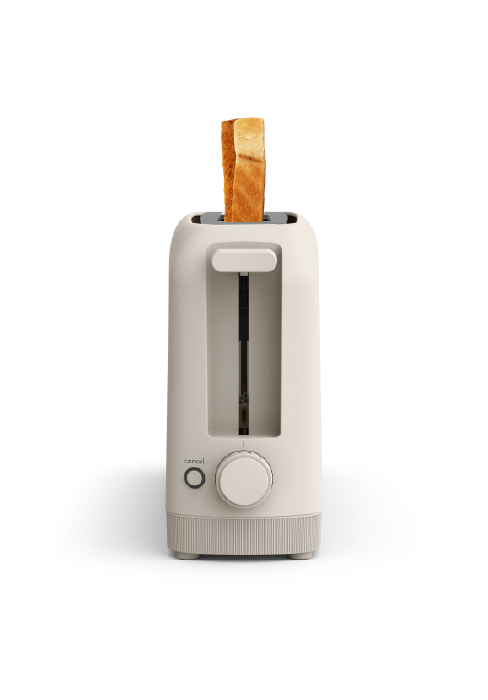 A cream-colored Skinny Toaster with a narrow vertical slot, featuring a power button and dial control on the front, with a slice of toasted bread popping out from the top.