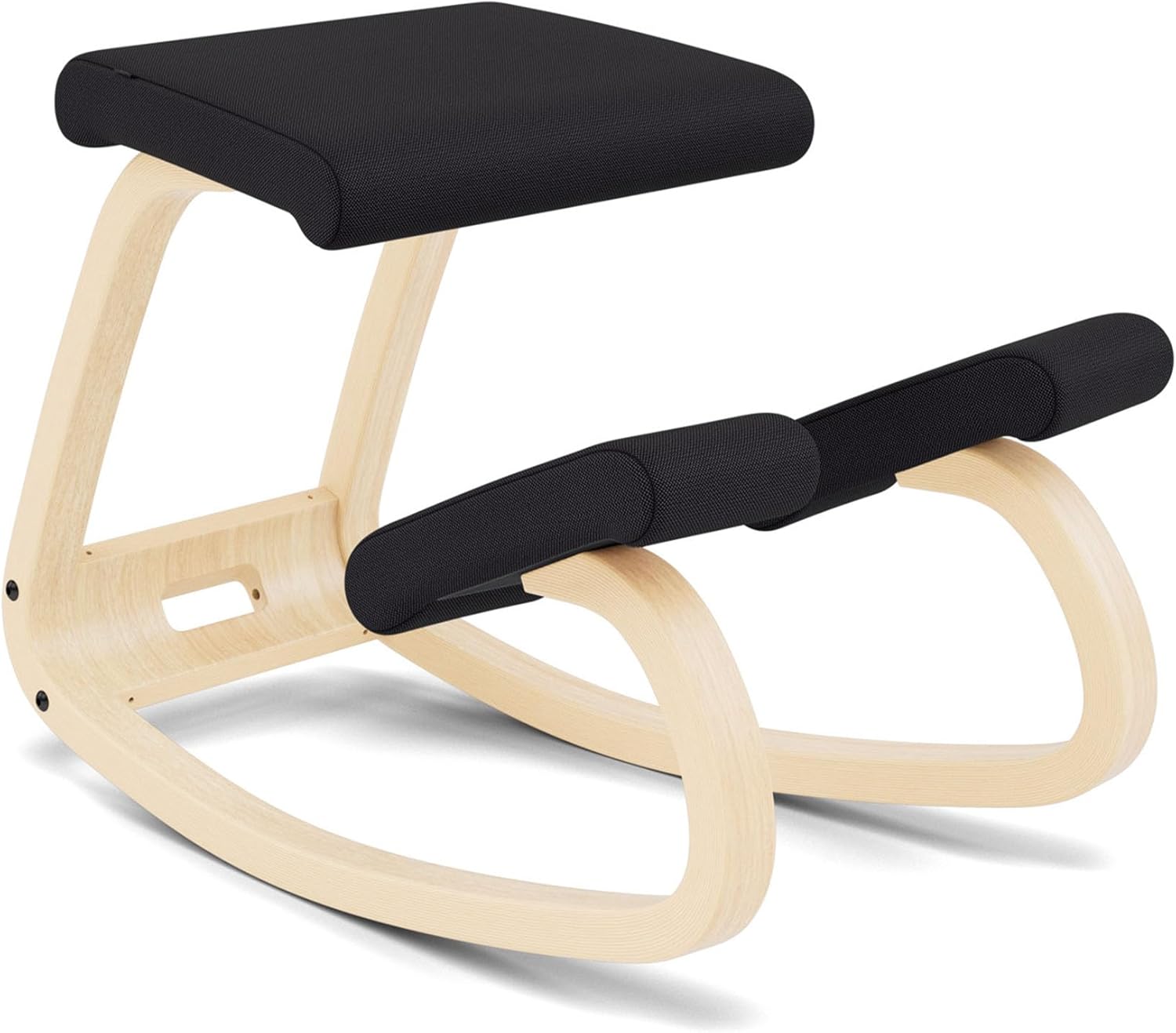 Varier Kneeling Rocking Chair - A modern wooden kneeling chair with a natural light wood frame featuring curved rockers, black padded knee rest, and angled seat cushion designed to promote upright posture.